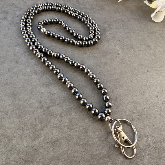 Hematite Bead Lanyard, Gemstone Beaded Lanyard, 8mm Handmade Beads Lanyard, Boho ID Badge Holder Necklace, Beaded Lanyard For Teacher, USA