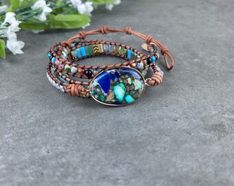 Azurite Stone 3 Wrap Bracelet: Beaded Boho Gemstone Jewelry