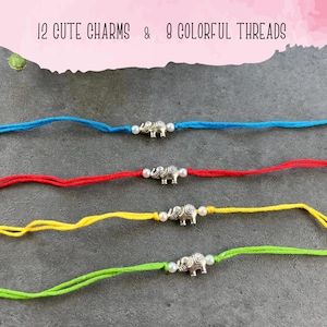 May include: Four bracelets featuring silver-toned elephant charms flanked by small white beads on blue, red, yellow, and green threads. The text 12 CUTE CHARMS & 8 COLORFUL THREADS is displayed at the top of the image in a black sans-serif font.