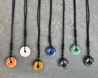Gemstone Doughnut Necklace, Healing Crystal Pendant Necklace, Boho Rope Chain Necklace, Healing Crystal Doughnut Necklace, Gift For Him Her