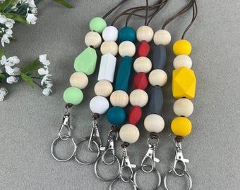 Hand Painted Wood Bead Lanyard: Boho Teacher Nurse ID Badge Holder