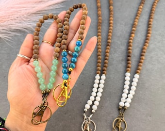 Gemstone Beaded Lanyard, 8mm Handmade Natural Wooden Beads Lanyard, Boho ID Badge Holder Necklace, Beaded Wristlet, Lanyard For Teacher, USA