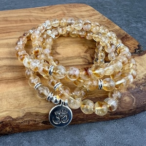 Citrine 108 Beads Mala Necklace, Natural Citrine Mala, Yellow Citrine Healing Bracelet Necklace, Stretchy 108 Natural Stone Mala For Her