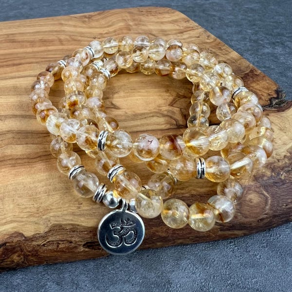 Citrine 108 Beads Mala Necklace, Natural Citrine Mala, Yellow Citrine Healing Bracelet Necklace, Stretchy 108 Natural Stone Mala For Her