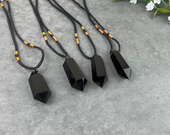 Natural Obsidian Necklace, Raw Black Obsidian Point Pendant Necklace, Healing Crystal Obsidian Necklace, Boho Rope Chain Adjustable Necklace