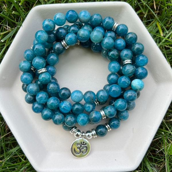 108 Mala Beads Apatite Healing Bracelet Necklace, Natural Blue Apatite 108 Beads Mala Necklace, Inner Peace Protection Necklace Gift, USA