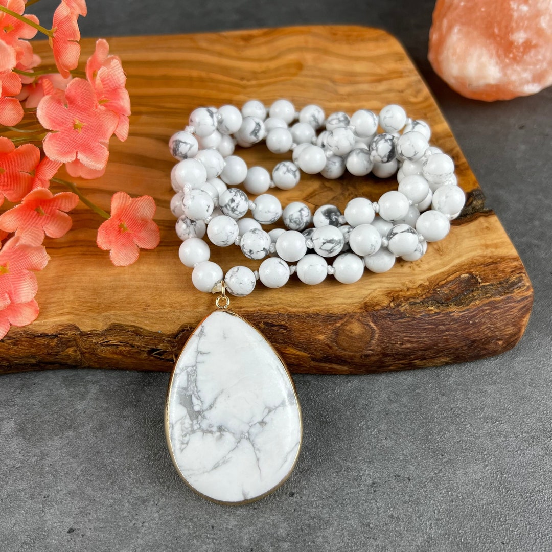 Howlite Stone Necklace, Howlite Teardrop Pendant Mala Necklace, Healing