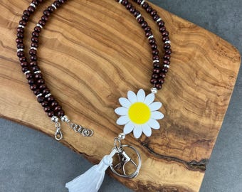 Wooden Bead Lanyard: Boho Teacher Badge Holder with Sunflower