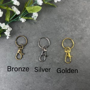 K&ouml;nnte beinhalten: Drei Metall-Karabinerverschl&uuml;sse mit befestigten Schl&uuml;sselringen, horizontal angeordnet. Der linke Verschluss ist bronzefarben, der mittlere silberfarben und der rechte goldfarben. Der Text Bronze, Silver und Golden steht unter jedem Verschluss.