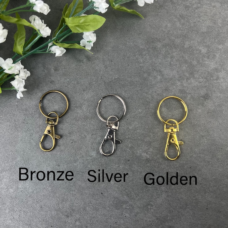 K&ouml;nnte beinhalten: Drei Metall-Karabinerverschl&uuml;sse mit befestigten Schl&uuml;sselringen, horizontal angeordnet. Der linke Verschluss ist bronzefarben, der mittlere silberfarben und der rechte goldfarben. Der Text Bronze, Silver und Golden steht unter jedem Verschluss.