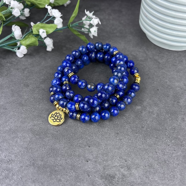 Mala de lapislázuli natural, collar de lapislázuli de 108 cuentas, collar de japa mala, pulsera elástica de lapislázuli de 108 cuentas, mala de lapislázuli de 8 mm