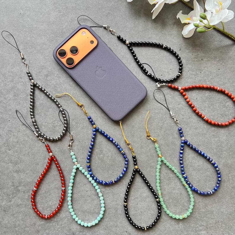 Gemstone Beaded Phone Charm, Boho Wristlet Lanyard, Custom Phone Charm, Natural Beads Phone Charm, Phone Charms, Gift For Her, Made In USA image 9