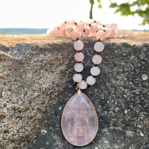 Rose Quartz Pendant Necklace, Genuine Rose Quartz Necklace, Pink Gemstone Mala Necklace, Natural Pink Stone Necklace, Protection Necklace