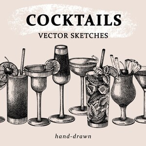 Cócteles clásicos grabados en vidrio, menú de bar grabado boceto vectorial, bebidas alcohólicas dibujadas a mano Clip Art, póster de cócteles, archivos SVG vintage