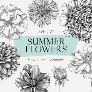 Archivos SVG de jardín de flores, vector floral, flores dibujadas a mano SVG vintage, clipart botánico, decoración de verano, diseños de grabado, impresión de la naturaleza
