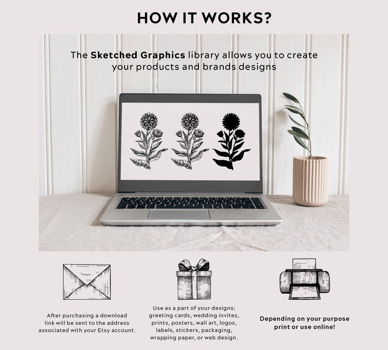 Pode incluir: Um ecr&atilde; de computador port&aacute;til que mostra uma ilustra&ccedil;&atilde;o a preto e branco de uma flor. O computador port&aacute;til est&aacute; sobre uma mesa com uma planta em vaso e um fundo branco. O texto "HOW IT WORKS?" est&aacute; na parte superior da imagem. O texto "The Sketched Graphics library allows you to create your products and brands designs" est&aacute; abaixo da imagem. O texto "After purchasing a download link will be sent to the address associated with your Etsy account." est&aacute; no canto inferior esquerdo. O texto "Use as a part of your designs: greeting cards, wedding invites, prints, posters, wall art, logos, labels, stickers, packaging, wrapping paper, or web design." est&aacute; no centro inferior. O texto "Depending on your purpose print or use online!" est&aacute; no canto inferior direito.