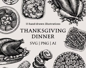 Thanksgiving Dinner SVG Graphics: Fall Clipart, Recipe Book Designs (Commercial Use License Included)