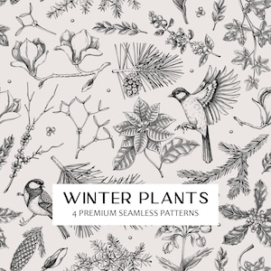 Może przedstawiać: Bezszwowy wzór z czarno-białymi ilustracjami roślin zimowych, w tym kwiatów magnolii, szyszek i ptaków. Tekst "WINTER PLANTS" i "4 PREMIUM SEAMLESS PATTERNS" jest wyświetlany na białym prostokątnym banerze.