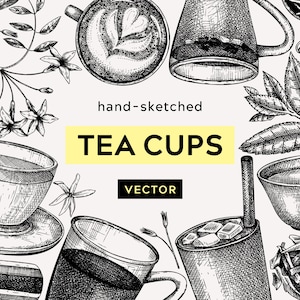 Teeparty Strichzeichnung. Vektor Skizze Kunst. Matcha Schale, Jasmin Pflanze, Bubble Tea, Oolong Tee, Grünteepflanze, Teetasse Kunstdruck.