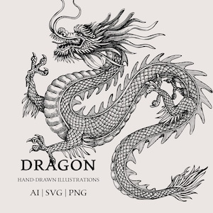 Dragón chino SVG, clipart de animal dibujado a mano, arte chino, póster vintage, año nuevo lunar, diseño gráfico, decoración japonesa, arte de boceto