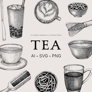 Puede incluir: Ilustraciones dibujadas a mano de té y artículos relacionados con el té. La imagen incluye un té de burbujas, un café con leche con arte de espuma en forma de corazón, una taza y un platillo, un cuenco de hojas de té y un vaso de té. La palabra "TEA" está en letras grandes y en negrita.
