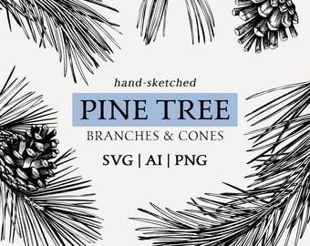 Hand Drawn Pine Tree Vector Files, Pine Cone Vintage Sketch Art, Christmas Tree Outline Drawing, Winter Decor, Plants SVG Botanical Clipart