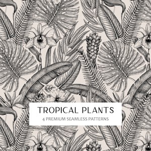 Op de afbeelding: Naadloze zwart-witte print met tropische planten, waaronder orchideeën, palmbladeren en ananas. Het patroon is getiteld "Tropische planten 4 premium naadloze patronen".
