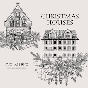Joyeux Noël carte SVG, impression d'Architecture de croquis vintage, décoration de vacances, clipart hiver dessinés à la main, conception PNG vieille maison, vecteur Floral
