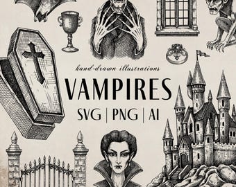 ゴシックヴァンパイアSVG：ハロウィンクリップアート、ノスフェラトゥ棺、ドラキュラ装飾、城ポスター（PNG、商用利用可）