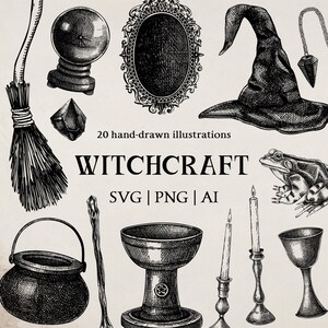 Witchcraft SVG Bundle: Vintage Halloween Clipart, Hand Drawn Witchy Decor (PNG, Digital Download)
