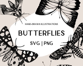 Butterfly SVG Clipart, Hand Drawn Butterfly Outline & Moth PNG Bundle