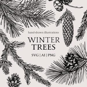 May include: A monochrome illustration of winter trees, including pine branches and cones. The text reads "hand-drawn illustrations" above "WINTER TREES", with "SVG | AI | PNG" below. The style is detailed and botanical.