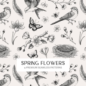 春風シームレスパターン、桜のスケッチアート、手描きの花の背景、鳥のプリント、イースターPNG、桜のヴィンテージアートワーク