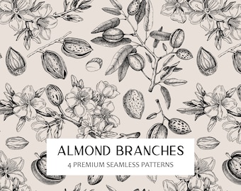 Almond Tree Branches Seamless Pattern PNG, Fruit Illustration, Floral Digital Paper, Vintage Flowers Sketch, Seamless Texture, Spring Decor