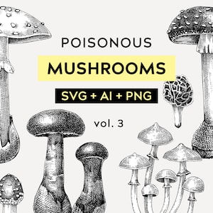 May include: A collection of black and white line drawings of poisonous mushrooms. The image includes a variety of mushroom shapes and sizes, including some with spots and others with frilly edges. The text "POISONOUS MUSHROOMS SVG + AI + PNG vol. 3" is included in the image.