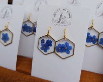 Hexagon earrings, forget Me not flower, blue