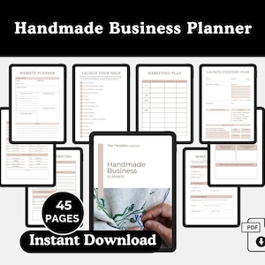 以下が含まれることがあります： ウェブサイト計画、ショップ立ち上げ、マーケティング、コンテンツ計画のセクションを含む、45ページのデジタル手作りビジネスプランナー。PDF形式で即時ダウンロード可能。