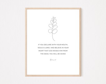 Romanos 10:9 Jesús es el Señor / Arte mural de verso bíblico cristiano imprimible, cartel de fe minimalista moderno, diseño boho del letrero de Pascua / regalo cristiano