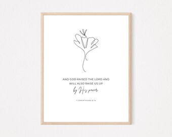 1 Corintios 6:14 Dios resucitó al Señor / Arte de pared de versículos bíblicos cristianos imprimibles, póster moderno de fe mínima, diseño boho del signo de Pascua