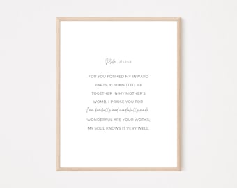 Salmo 139:13-14 / Verso bíblico cristiano imprimible Arte mural minimalista / Decoración de póster de fe moderna / Regalo del Día de la Madre Diseño Boho