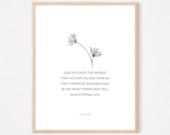 Dios amó tanto al mundo, Juan 3:16, Arte de pared cristiano, Impresión de versículos bíblicos mínimos neutrales, Arte moderno de las Escrituras, Decoración cristiana del hogar