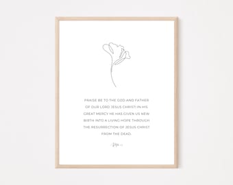 1 Pedro 1:3 Imprimible Biblia Cristiana Verso Arte de pared / Moderno Póster de Fe Cristiana Mínima / Signo de Pascua Diseño Boho / Regalo de Bautismo