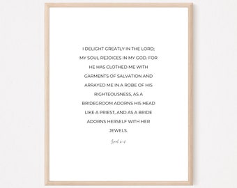 Isaías 61:10, Arte de la pared cristiana, Impresión de versículos bíblicos mínimos neutrales, Arte moderno de las Escrituras, Decoración cristiana del hogar