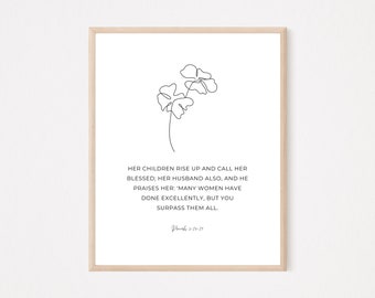 Proverbios 31:28–29, Sus hijos la llaman Beata / Arte mural de verso bíblico cristiano imprimible / Cartel de fe moderna / Regalo del Día de la Madre Boho