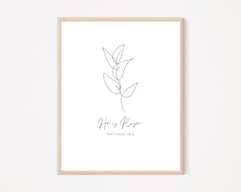 Mateo, 28:6 Él ha resucitado / Arte de pared de verso bíblico cristiano imprimible, Fe mínima moderna, Signo de Pascua Boho Regalo de diseño / Decoración botánica