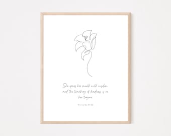 Proverbios 31:26 / Arte de pared de verso bíblico cristiano imprimible / Póster de fe minimalista moderno / Regalo del Día de la Madre Diseño Boho