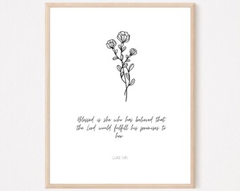 Bendita es Ella, Lucas 1:45, Arte de pared cristiano, Impresión de versículo bíblico mínimo neutral, Arte moderno de las Escrituras, Decoración cristiana del hogar