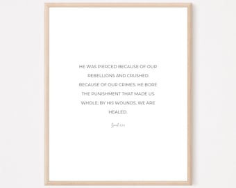 Isaías 53:5, Arte de la pared cristiana, Impresión de versículos bíblicos mínimos neutrales, Arte moderno de las Escrituras, Decoración cristiana del hogar