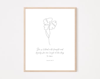 Isaías 66:13, Ella está vestida de fuerza y dignidad / Arte de pared de verso bíblico cristiano imprimible / Cartel de fe moderna / Regalo del Día de la Madre