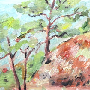 Pini dal mare Paesaggio Arte originale Impressionismo Estate Paesaggio marino Opera d'arte Olio Impasto Coast Painting 5" di 7" di Maria Filatova
